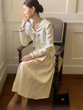 ネイビー襟のショールカラードレス【ストライプニット・女性用・秋冬向け・スリムデザイン】（セットアップ対応）