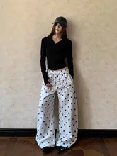 ドット柄のリボン付きワイドパンツ【刺繍デザイン・カジュアル・女性用】（セットアップ対応）