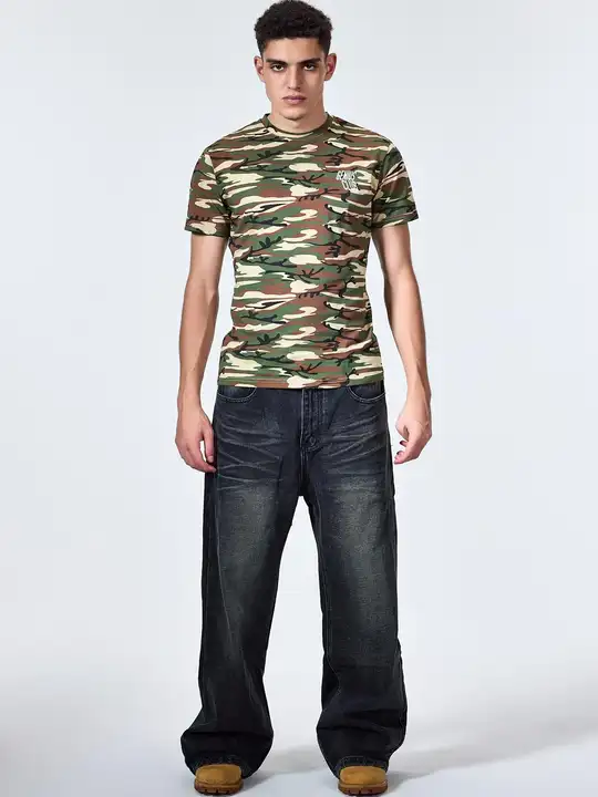 アメリカンスタイルの迷彩プリントTシャツ【スリムフィット・ロゴデザイン・無地・五色展開】