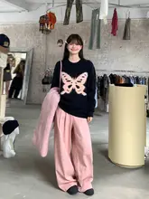 ピンクのストレートワイドパンツ【秋用・ハイウエスト・フィット】