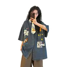 夏季アメリカンヴィンテージカートゥーン刺繍デニム半袖シャツ【ユニセックス・フィット・学院風】