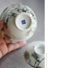 清物堂 手描き粉彩寿石墨竹蓋碗【ダブルリングシルバートリム・140cc・茶器】