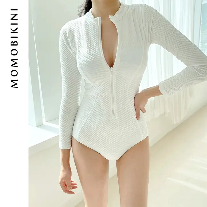 セクシーな白い長袖ワンピース水着【保守的デザイン・リゾート・学生向け・お腹をカバー】