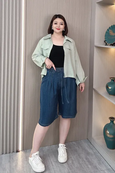 レディース 天然繊維デニムショートパンツ【夏用・ワイドレッグ・ハイウエスト・大きいサイズ】