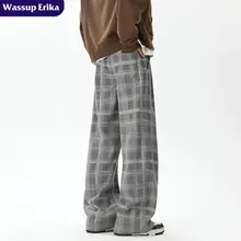 カジュアルチェック柄 メンズワイドレッグパンツ【夏用・レトロデザイン】
