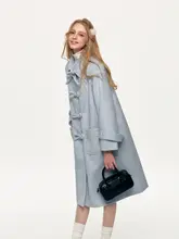 冬季水色の磨毛仕立て ボウタイデザインの中長丈高級ウールコート