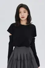 取り外し可能なボタン付きトップス【春用・薄手・コットンストレッチ・黒・長袖】（セットアップ対応）