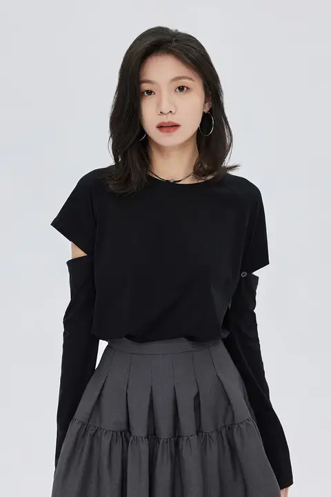 取り外し可能なボタン付きトップス【春用・薄手・コットンストレッチ・黒・長袖】（セットアップ対応）