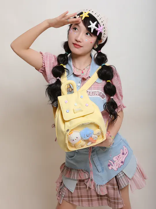 可愛いデザインのキャンバスリュック【2WAY・格子柄・小型】（セットアップ対応）