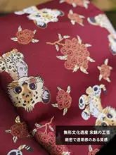 金獅子柄のシルク製竹筒バッグ【中華風・可愛い・祝いの赤色】