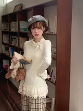 春のかわいいリボン付きうさぎ耳長袖Tシャツ【アイボリー・レースデザイン】