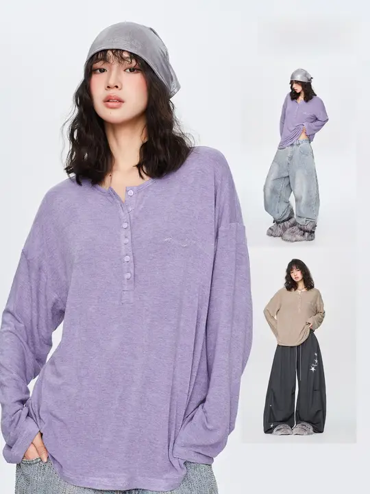 シンプルデザインのヒップホップスタイル長袖ヘンリーシャツ【ストリートファッション】