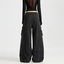 ワークデニムパンツ レディース ブラック ワイド ストレート ルーズ アメカジ ヴィンテージ 春