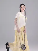暖かみのある檀黄のウエストドローストリングトップスとストライプスカート【ファッション性・気品溢れるスタイル】（セットアップ対応）
