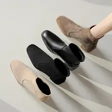 女性用 中ヒール太ヒールショートブーツ【ブラック・スクエアトゥ・伸縮性素材】