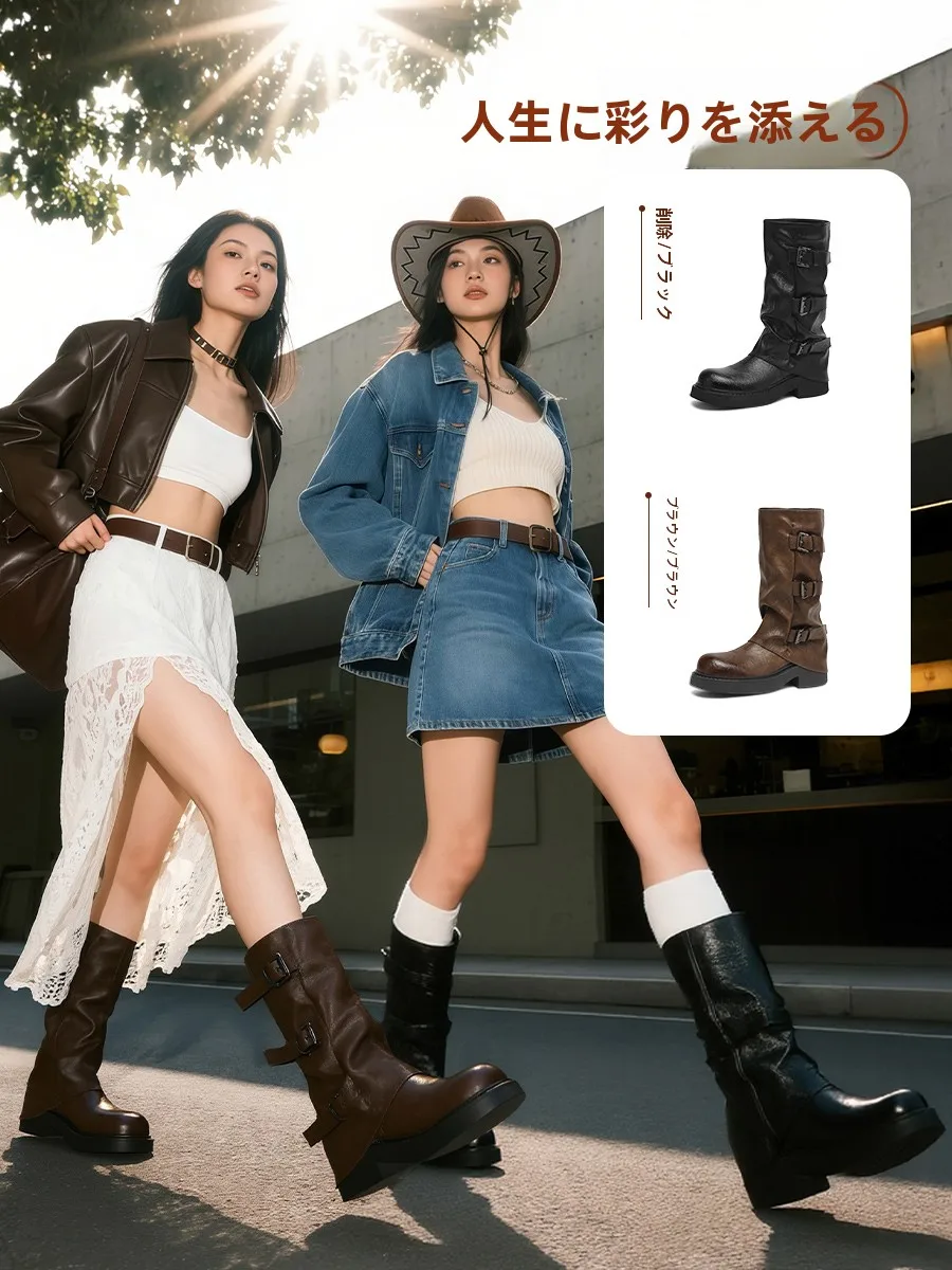 バックル付き バイクブーツ：レディース向けミドルカット厚底の実用性とファッション性