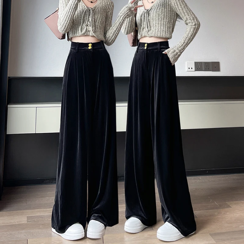黒のベルベットワイドパンツ：高腰・縮緬加工で秋冬の通勤スタイルを実現