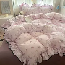 フリルデザインの水洗いコットン二重ガーゼベッドシーツ【プリンセススタイル・四点セット】（セットアップ対応）