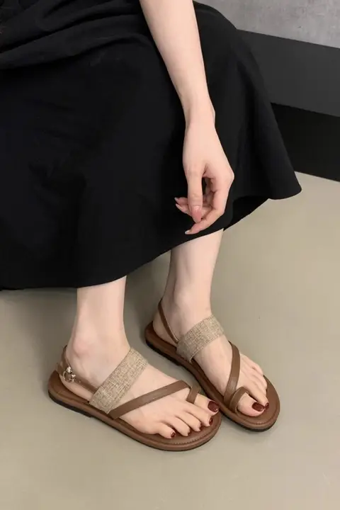 夏用ローヒールローマサンダル【リネン素材・ビーチ用・一字型ストラップ】（セットアップ対応）