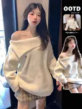 リラクシングオフショルダー白色ニットセーター【レディース・秋冬用・高級感】