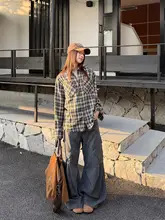 ヴィンテージ風 ウェアライクな長袖チェックシャツ【ユニセックス・ルーズフィット・カジュアル】（セットアップ対応）
