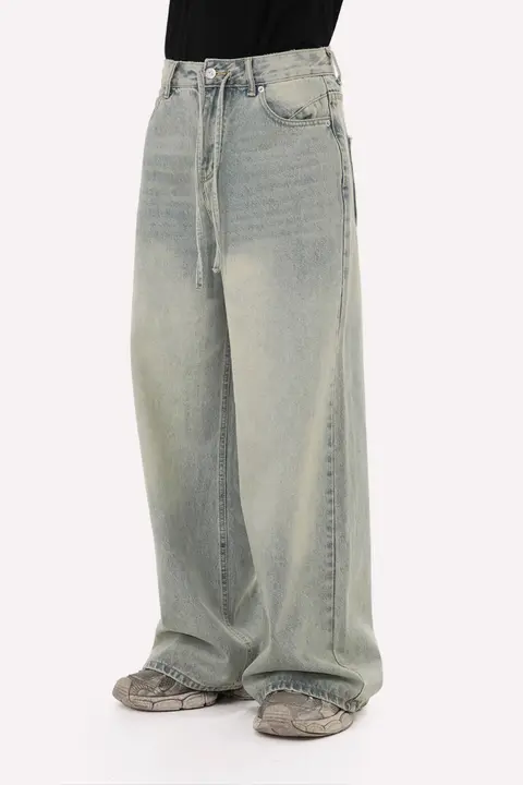 GBofficial 高腰デザイン デニムパンツ【ヴィンテージ風・ワイドレッグ・泥染め】