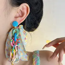 カラフルドットデザインのシフォンリボンピアス【ロングシェルフリンジ・女性用】