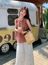 夏のOOTDコーディネート！韓国風デザインのレース刺繍ノースリーブトップスとワイドパンツ（セットアップ対応）