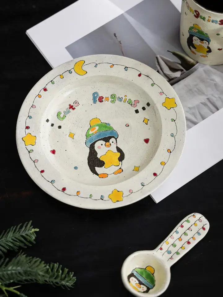 かわいいキャラクターのペンギンコーヒーカップ＆スイーツプレート【手作り・午後のティータイム用・持ちやすいデザイン】