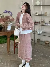 カジュアルな学院風のピンクワンピースとデニムジャケットにスカートのコンビネーション（セットアップ対応）