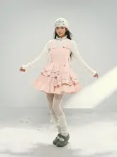 ピンクの不規則な多層フリルデザインのコーデュロイキャミソールプリンセスドレス（セットアップ対応）