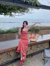 ブルーチェックの夏用キャミソールワンピース【ロング丈・カジュアルスタイル】（セットアップ対応）