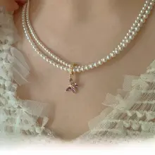 紫色の蝶デザインジルコンパールネックレス【シンプルでエレガント・二重ネックレス・デコルテライン】