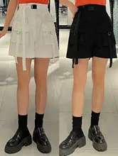 高腰工装ポケットショートパンツ【カジュアル・フレンチスタイル・女性用】（セットアップ対応）