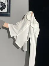 フリル付き白長袖Tシャツとニットカーディガン【シングルボタン・スリムフィット・秋用】（セットアップ対応）