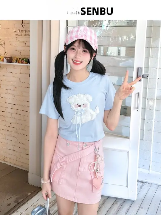 可愛いデザイン！小犬モチーフのショートTシャツ【シンプル・ラウンドネック・短袖・夏用】