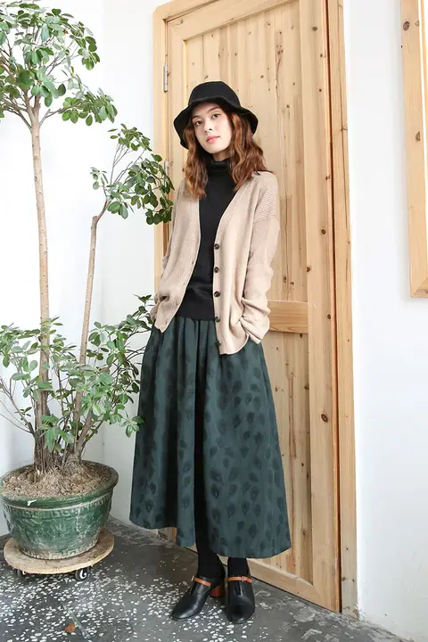 秋冬用 コットンリネン半身スカート【Aライン・文芸風・中長丈・シンプル】（セットアップ対応）