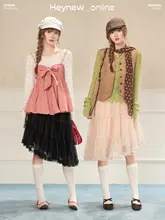 レトロなメッシュドット不規則層のハイウエストAラインスカート【フリル付き・春用】