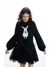 ラウンドネックのクラウンウサギプリントAラインドレス【レースの切り替え】（セットアップ対応）