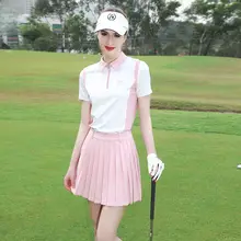 ZG-6 ゴルフ用 レディース 夏向けスポーツウェア【高級Tシャツ・速乾・短袖・ピンクのプリーツスカート】（セットアップ対応）