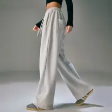 高腰ストレートパンツ【グレー・抽绳・秋冬用・ゆったりシルエット】（セットアップ対応）
