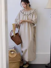 TIONGTIONG 刺繍飾り付きドロップショルダーワンピース【フリル袖・夏用・ゆったりデザイン】