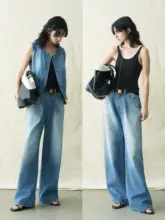 竹節模様のデコンストラクションフリル付きデニムパンツ【レトロ・スリムストレート】