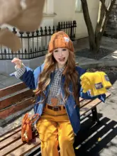 カラー切替デザインのコーデュロイ襟付きデニムコットンジャケット【女性用】