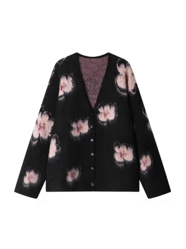 夜花園手描き桃の花刺繍入りルーズニットカーディガン【秋冬用・ラフスタイル】（セットアップ対応）
