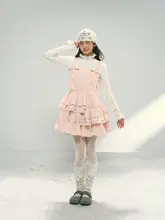 ピンクの不規則な多層フリルデザインのコーデュロイキャミソールプリンセスドレス（セットアップ対応）