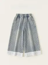 春季向けレトロスタイル 女の子用デニムパンツ【フリル付き・ドット柄・ワイドレッグ】（セットアップ対応）