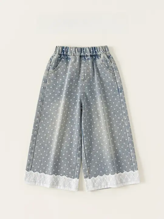 春季向けレトロスタイル 女の子用デニムパンツ【フリル付き・ドット柄・ワイドレッグ】（セットアップ対応）