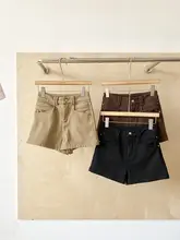 高腰デザインの加绒デニムショートパンツ【Aライン・ゆったりシルエット・秋冬用】（セットアップ対応）