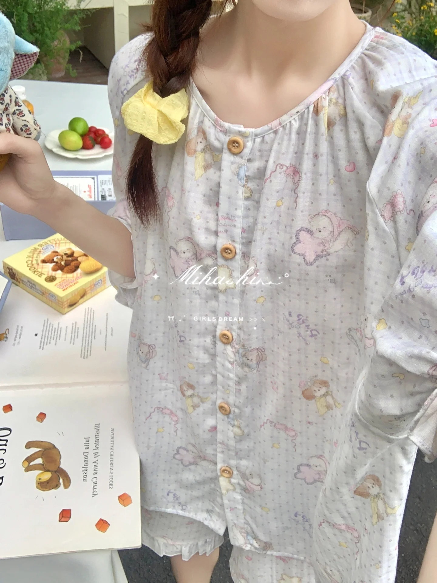 お泊まりコーデの定番として人気のフリル半袖ショートパンツ：全棉二重ガーゼの夏用ホームウェア